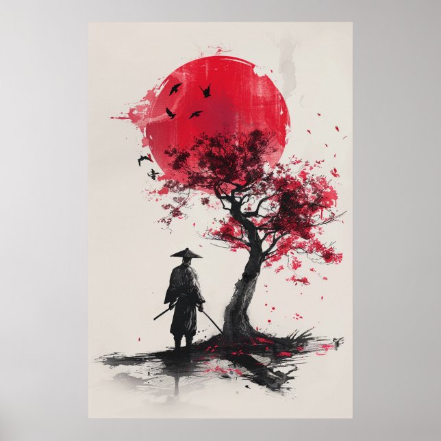 Poster  Lone Samurai – Red Sun Japanese Ink Art (Frente)
