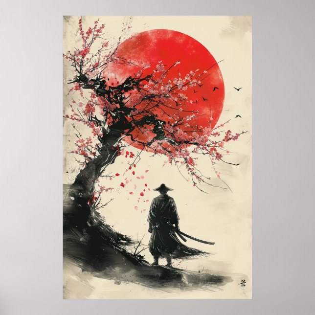 Poster Lone Samurai – Sol Vermelho Arte de Tinta Japonesa (Frente)