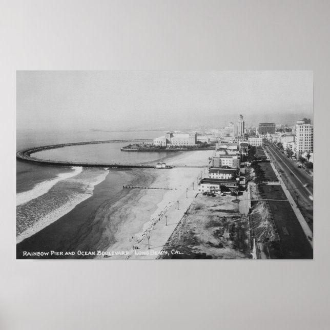 Póster Long Beach, California Rainbow Pier e Ocean (Frente)