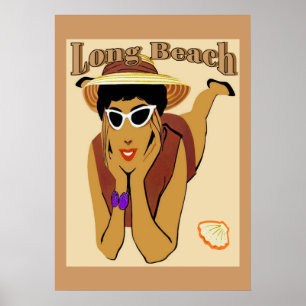 Póster Long Beach, senhora na praia