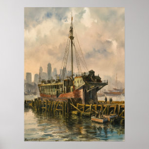 Poster Long Wharf Boston Navio Pintura em Aquarela Vintag