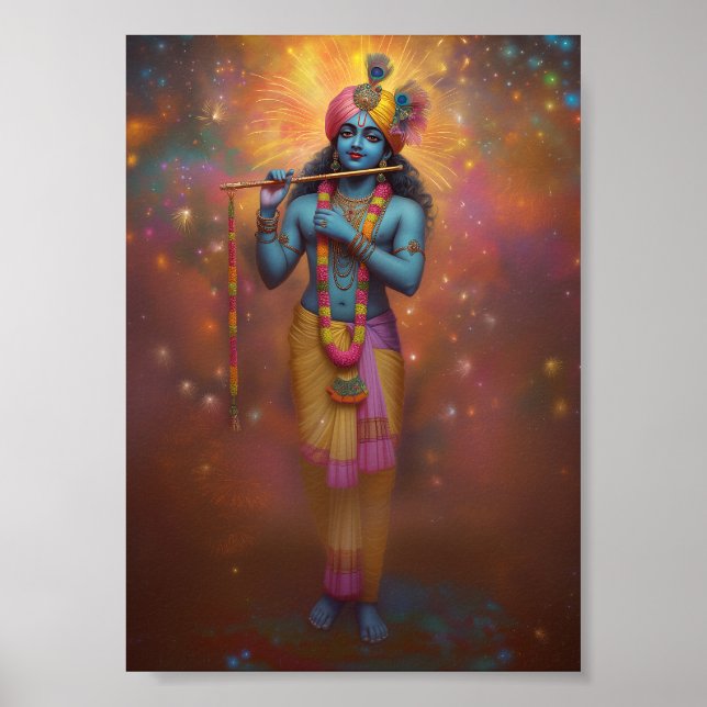 Poster Lord Krishna Pastel Rainbow Fireworks Arte Hindu (Frente)