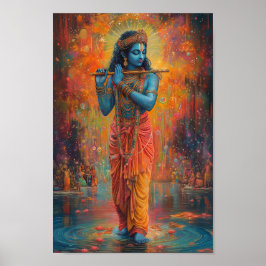 Poster Lord Krishna tocando a Arte Azul Flute Orange