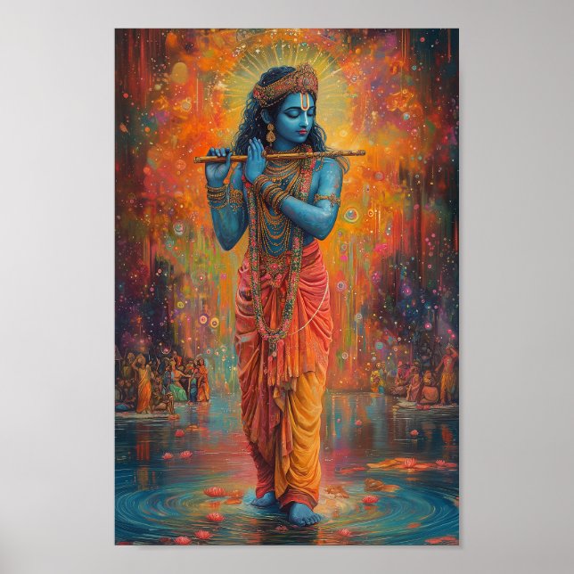 Poster Lord Krishna tocando a Arte Azul Flute Orange (Frente)