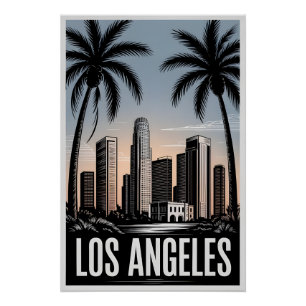Póster Los Angeles Califórnia Xilogravura Preto e Branco