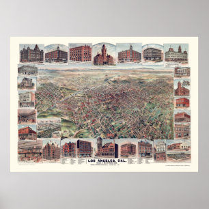 Póster Los Angeles, mapa panorâmico de CA - 1891