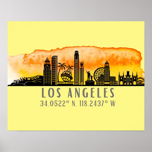 Poster Los Angeles Skyline Latitude e Longitude (Frente)