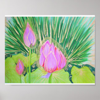 Póster Lotus de Aquarela com Destaques Dourados