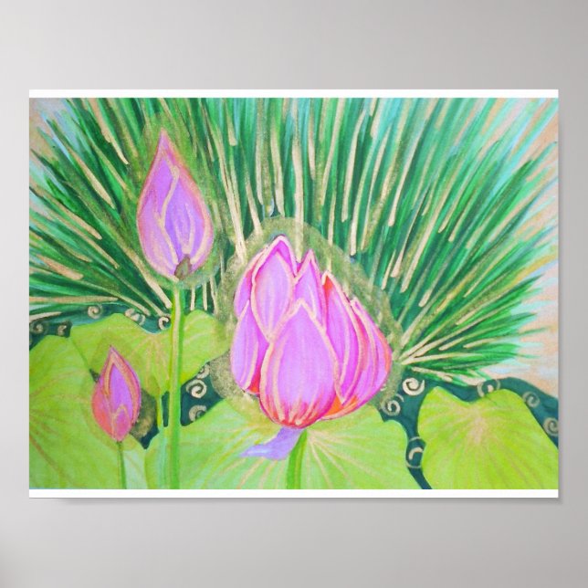 Póster Lotus de Aquarela com Destaques Dourados (Frente)