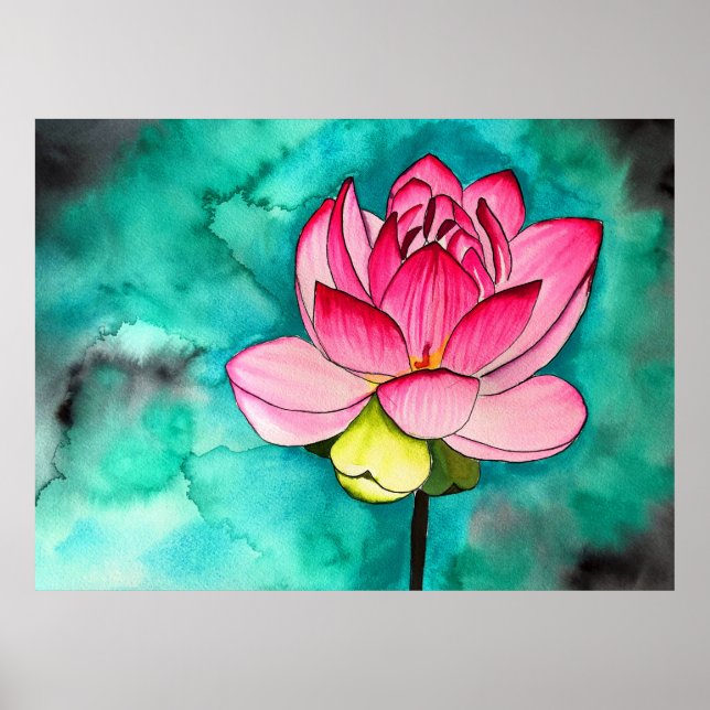 Poster Lótus de flor rosa arte fina aquarela (Frente)