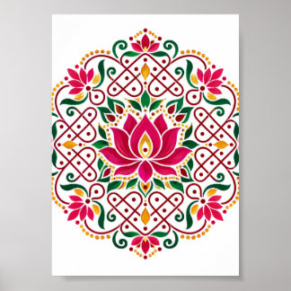 Poster Lótus Diya Kolam Rangoli Floral Festiva Indiano