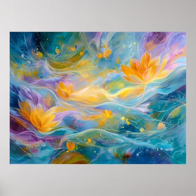 Poster Lótus Dourado Abstrato Flores Flutuantes (Frente)