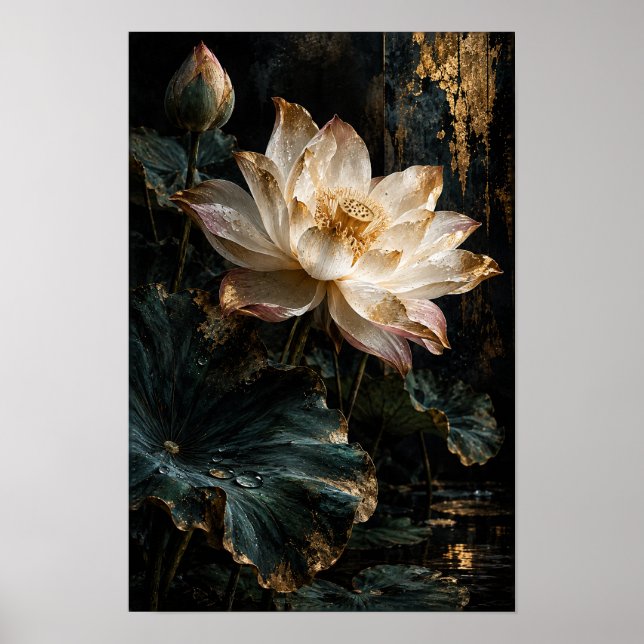 Poster Lótus Flor de Rosa com Acentos Dourados Botânico (Frente)