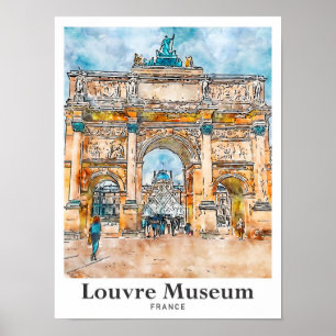 Poster Louvre Museum France Watercolor Hand Drawn