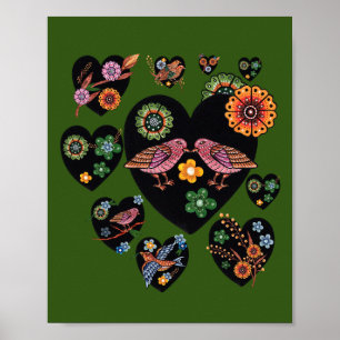 Poster Love Birds Scandinavian Folk Art Dia de os namorad