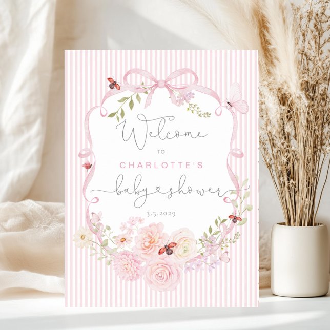 Poster Love Bug Pink Bow Stripes Baby Shower Welcome (Criador carregado)