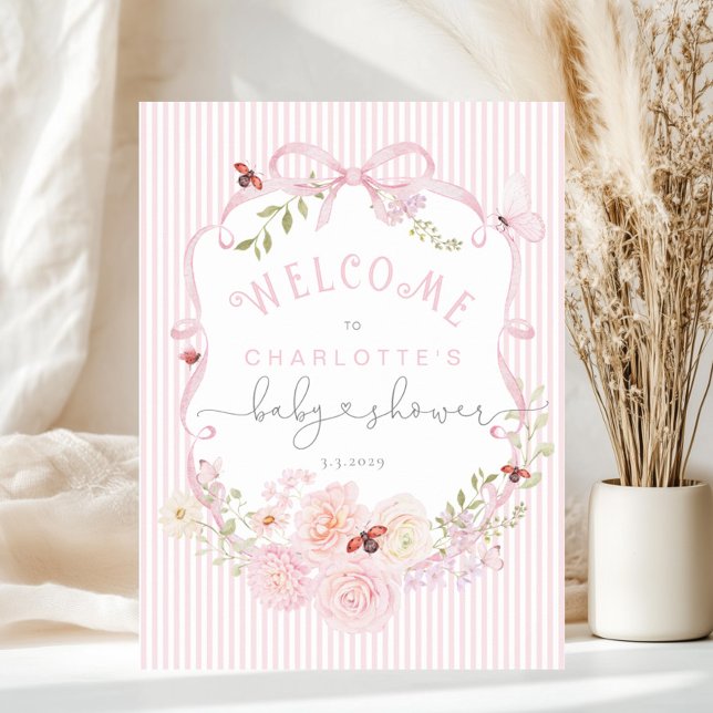 Poster Love Bug Pink Bow Stripes Baby Shower Welcome Foam (Criador carregado)