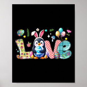 Poster Love Easter Bunny Penguin Hunting Eggs Flowers Col