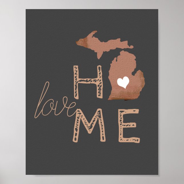 Poster Love Home Michigan Heart Copper Cinza (Frente)