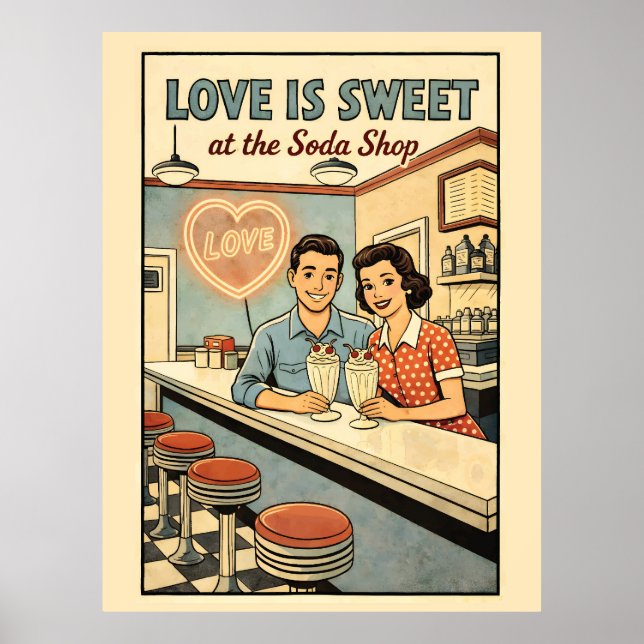 Poster Love is Sweet at the Soda Shop Retro Milkshake  (Frente)