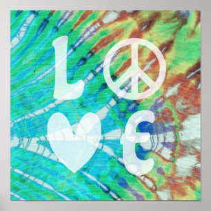 Poster Love Peace Abstrato Hippie Boho Teal Batik Tie Dye
