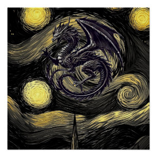 Póster Lovecraftian Night Sky & Wyvern - Dark Fantasy Art