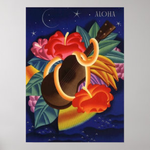 POSTER LOVELMENTE VINTAGE HAWAII ~ UKULELE & HIBISCUS POS