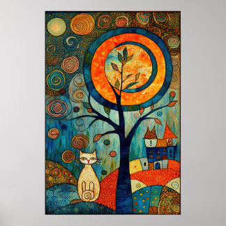 Poster Lua abstrato: Gato Whimsical em Estilo Românico