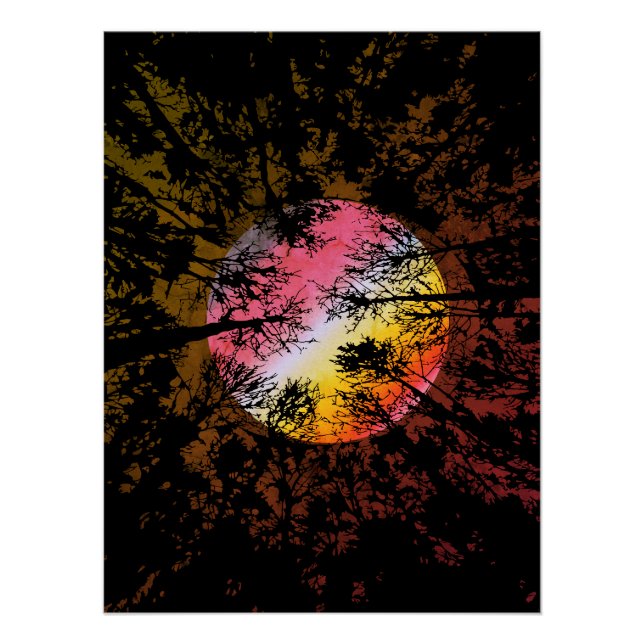 Póster Lua através de Floresta Densa - Surreal Colorida (Frente)