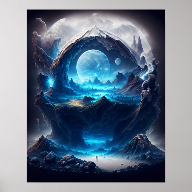 Poster Lua Azul Sobre Uma Paisagem Mágica (Frente)