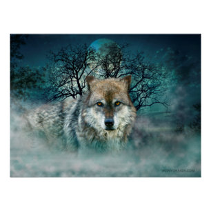 Póster Lua cheia de lobo em nevoeiro