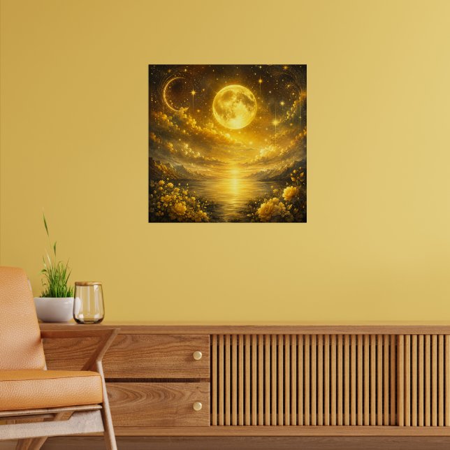 Poster Lua Cheia Dourada Sobre o Lago Encantado — Fantasi (Sala de Estar 2)