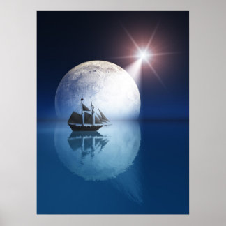 Poster Lua cheia e estrela sobre navio