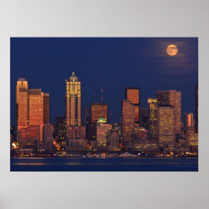 Póster Lua cheia que aumenta sobre a skyline do centro de