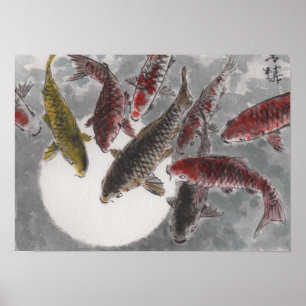 Póster Lua chinesa dos peixes da aguarela 9 KOI da arte