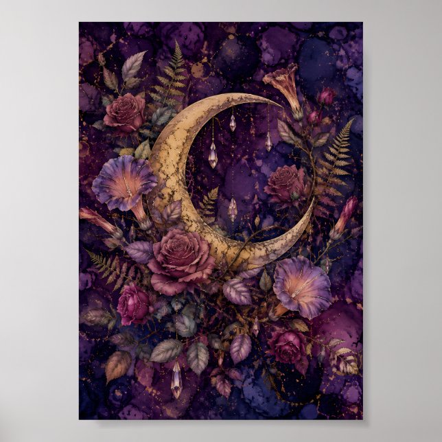 Poster Lua Crescente Botânica Whimsigoth Floral Mal-humor (Frente)
