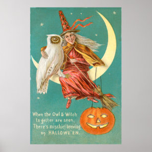 Poster Lua Crescente da Coruja da Bruxa Abóbora de Hallow