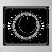 Lua Crescente e Sol com Estrelas Preto e Branco
