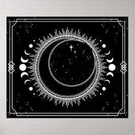 Poster Lua Crescente e Sol com Estrelas Preto e Branco