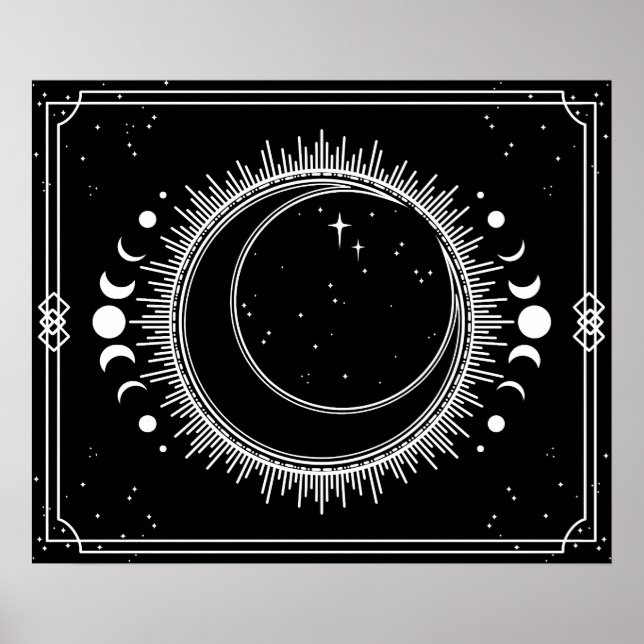 Poster Lua Crescente e Sol com Estrelas Preto e Branco (Frente)