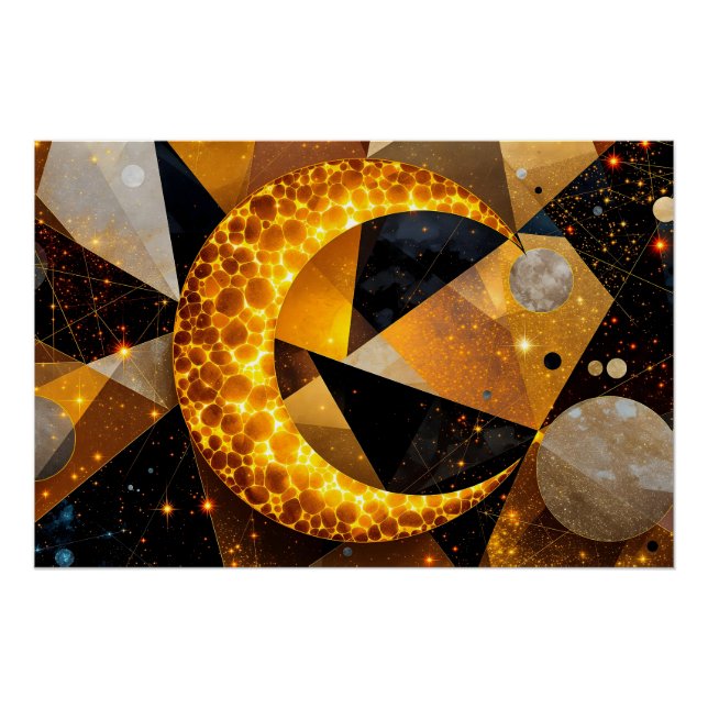 Póster Lua Crescente ouro com Estrelas Geométricas Cósmic (Frente)