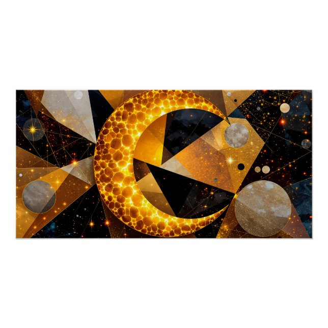 Póster Lua Crescente ouro com Estrelas Geométricas Cósmic (Frente)