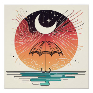 Póster Lua Crescente Sobre Guarda-Chuva com Chuva de Estr