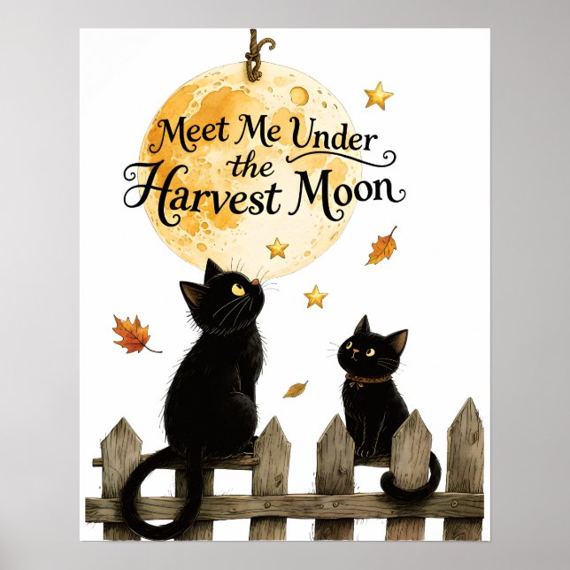 Poster Lua da Colheita Gatos Pretos Arte da Cerca ao Luar (Frente)