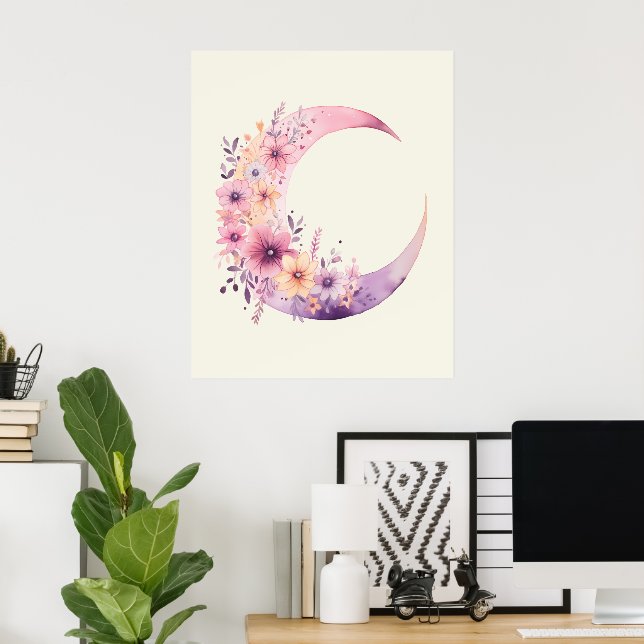Poster Lua de Crescente Rosa com Flores Bonito (Escritório em casa)
