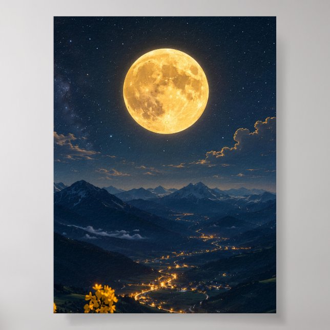 Poster Lua Dourada Sobre a Paisagem Noturna do Vale da Mo (Frente)