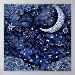 Poster Lua e estrelas céu azul profundo
