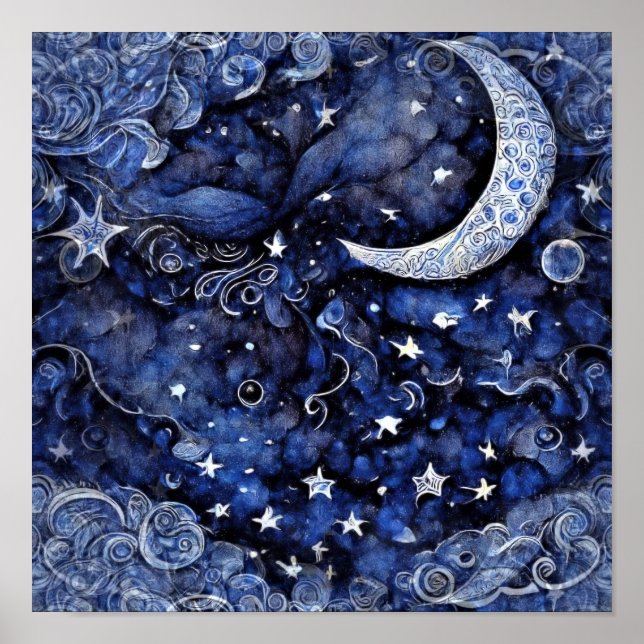 Poster Lua e estrelas céu azul profundo (Frente)