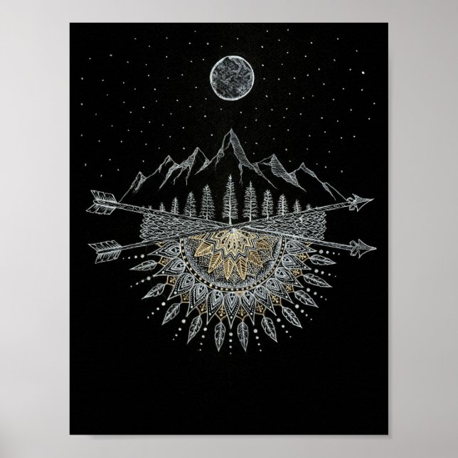 Póster Lua e Estrelas do Céu Noturno Mandala (Frente)