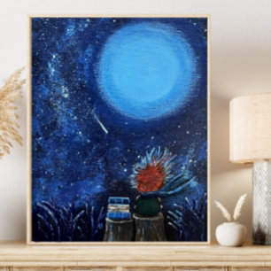 Poster Lua e Estrelas Pintura Marinho Azul Leitura de Bel